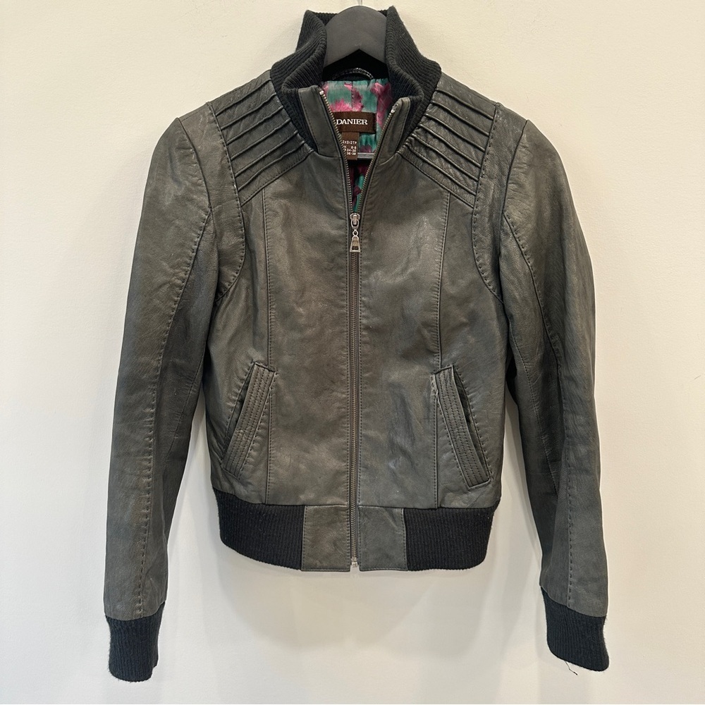 Danier Grey Leather Jacket with Ribbed Details